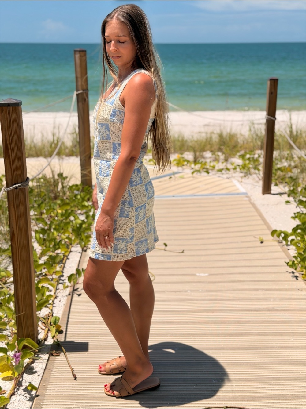 mittoshop Blue and Cream Sleeveless Patchwork Mini Dress